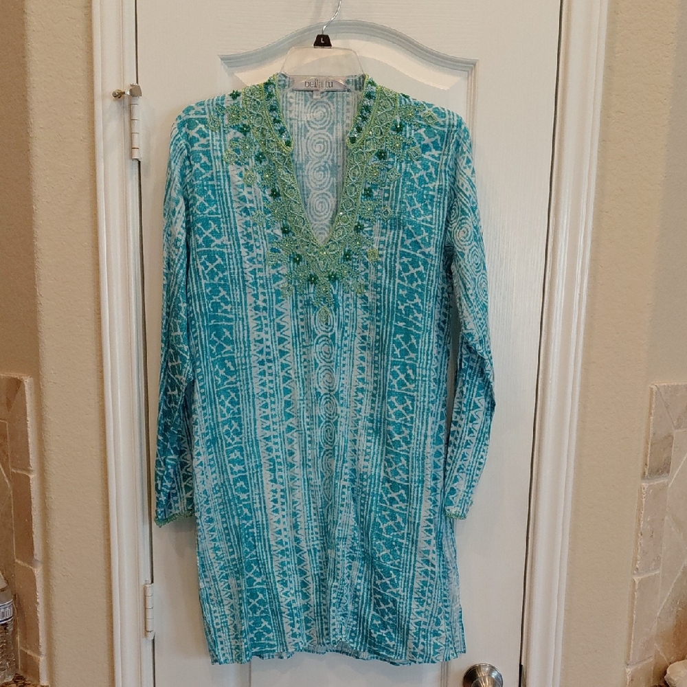 Bella Tu  Blue Embellished Long Sleeve Resort Dress Size L 19in x32in